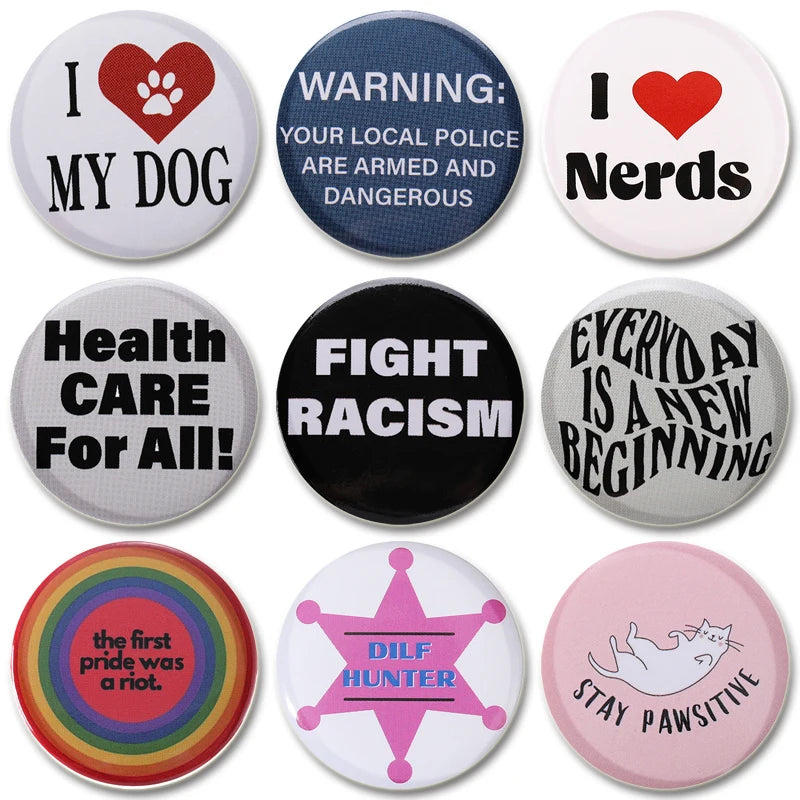 32/44/58mm Creative Round Animal Letter Pins Cartoon Character Funny
