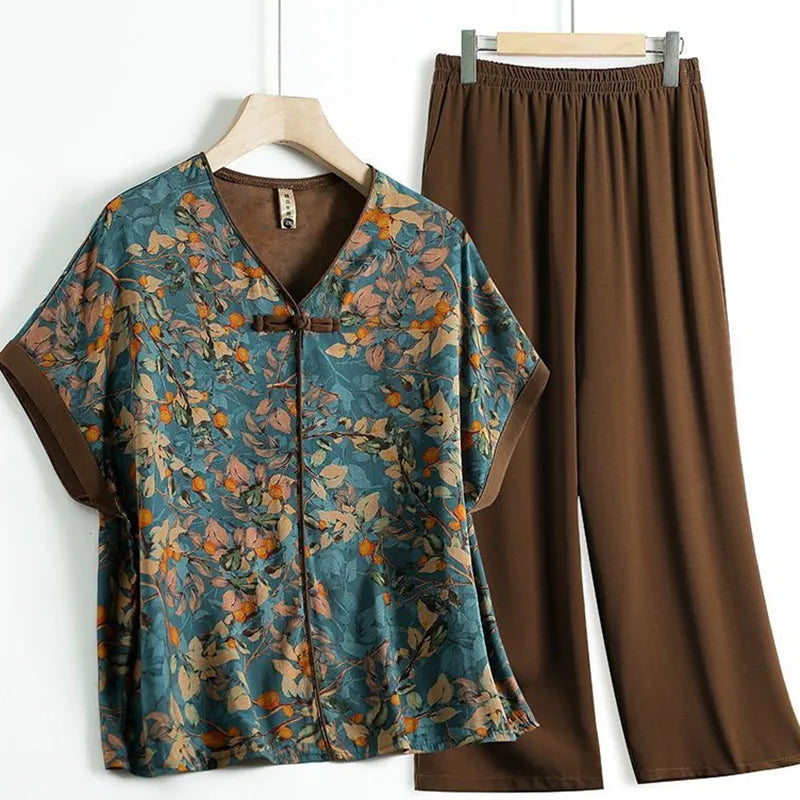 Korean Lady Short Sleeve Blouse Pant 2PCS Middle-aged Mom Large Size 5XL T-shirt Suit Summer Femme V Neck Trousers Two-piece Set