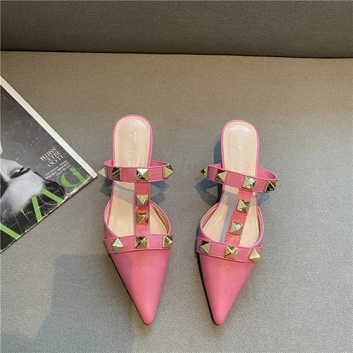 2024 New Rivet Pointed Thin Heel Baotou Half Slipper Female Middle Heel Shallow Mouth Lazy Mueller Shoes