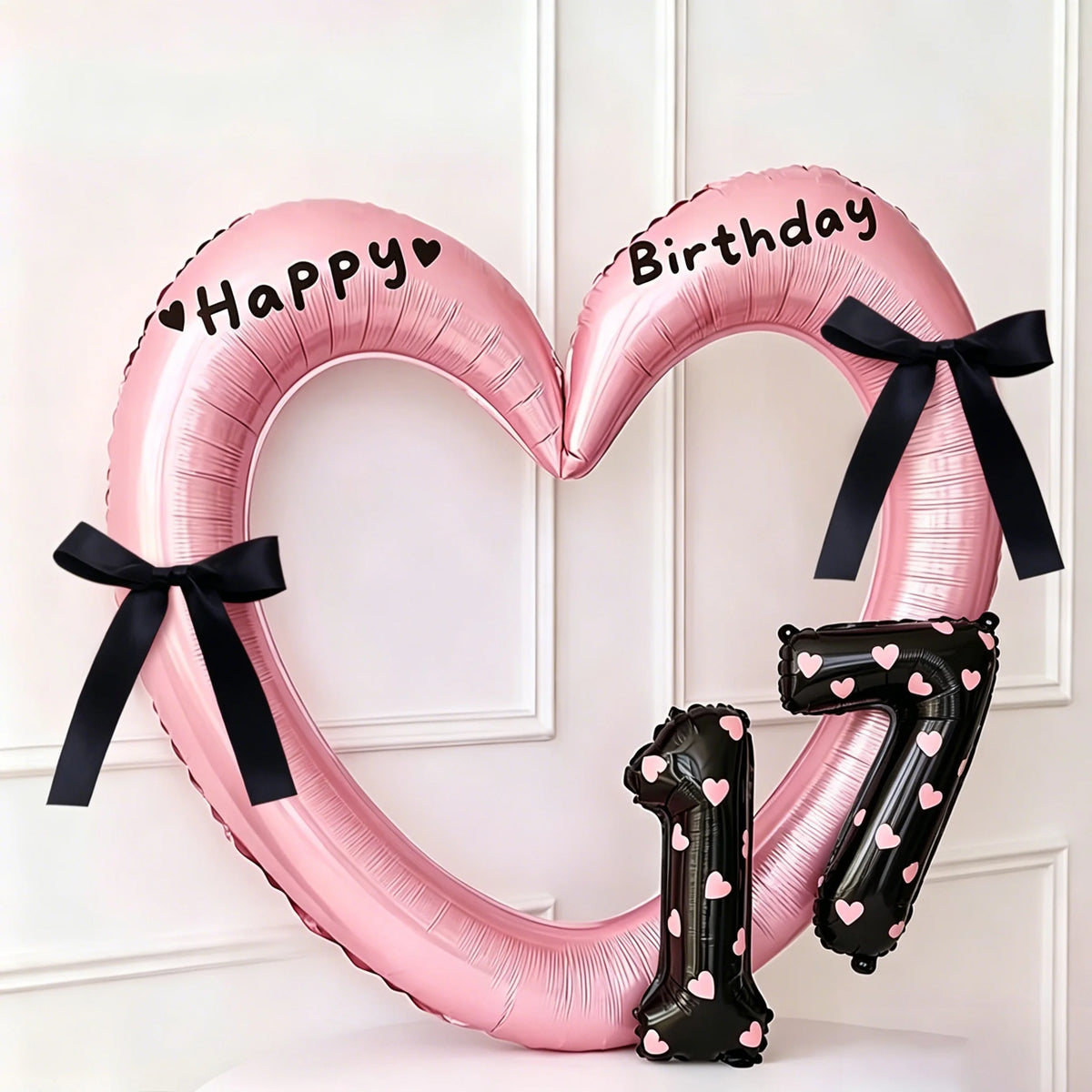 7Pcs 16inch Black Number Hollow-Out Heart Balloons and Heart Stickers Set, Includes 2 Number Balloons, 2 Stickers, 1 Glue Stick, 2 25cm Ribbons, for Birthday Parties, Wedding Anniversary Celebrations, Holiday Decorations
