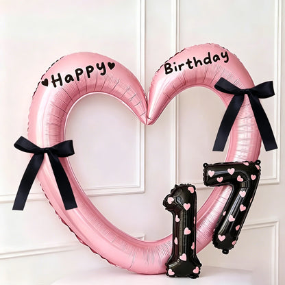 7Pcs 16inch Black Number Hollow-Out Heart Balloons and Heart Stickers Set, Includes 2 Number Balloons, 2 Stickers, 1 Glue Stick, 2 25cm Ribbons, for Birthday Parties, Wedding Anniversary Celebrations, Holiday Decorations
