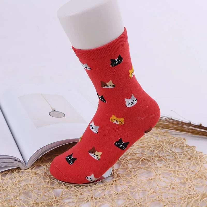 Cute Cartoon Cat Print Women Socks Sweet Cute Japanese Style Kawaii Long Socks Casual Harajuku Streetwear Cotton Soft Crew Socks