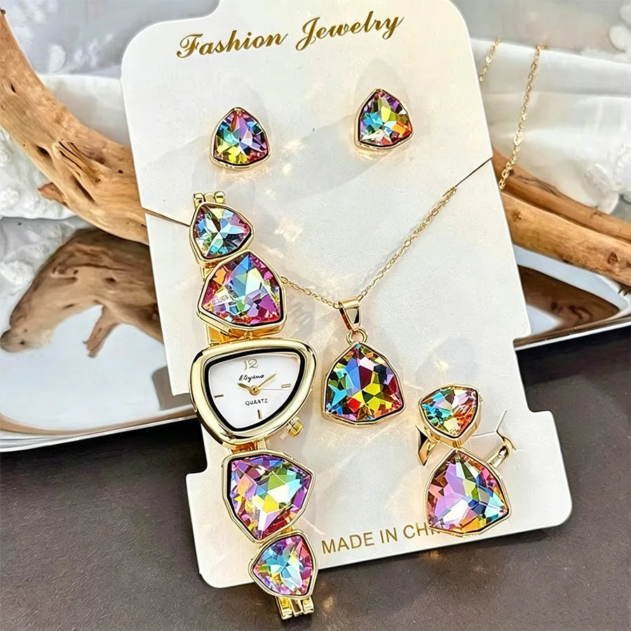 5pcs Luxury Women's Quartz Watch Jewelry Set Fashion Colorful Diamond Women Watches Necklace Ring Earrings Accessories Gifts Set