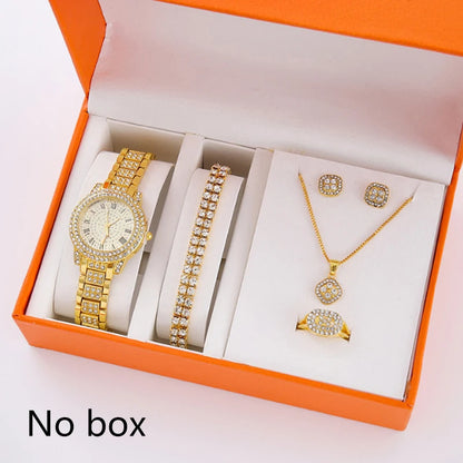 6Pcs/Set Women's Rhinestone Quartz Watch Set Fashion Wrist Watch & Jewelry Set Gift.▪