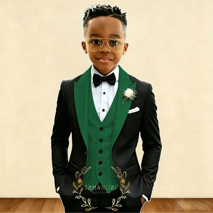 Black And Gold Sequin Boy's Suit Attire Peaked Lapel Children Wedding Party Tuxedos 3 Pieces Sets costume garçon cérémonie 2026