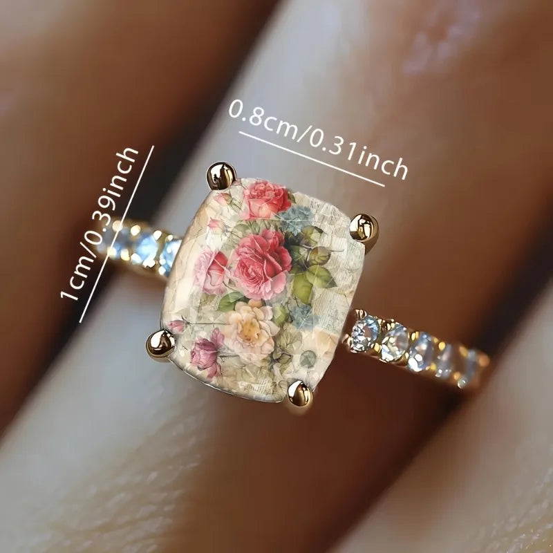 Ladies Rose Bundle Retro Illustration Square Ring Design Light Luxury Fashion Jewelry Daily Wear Special Occasions Suitable Gift