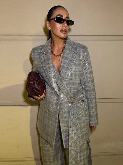 Elegant Sequin Stripe Lapel Neck Top Pant Sets Women Fashion Single Breasted Shine Ribbon Coat Leg Loose Pants Set Female Sets