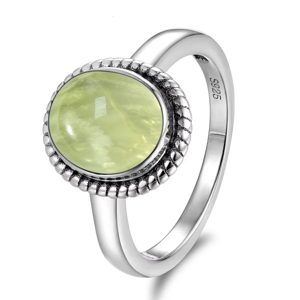 925 Sterling Silver Ring With Natural Prehnite Stone 8*10mm Oval Shape With Crystal Flower Design Gifts Fine Jewelry For Women