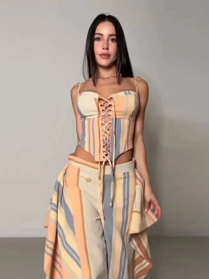 Chic Stripe Print Vest Pants Women Set Patchwork Slash Neck Bandage Top Pleated Asymmetry Trousers 2026 Summer Lady Outfit