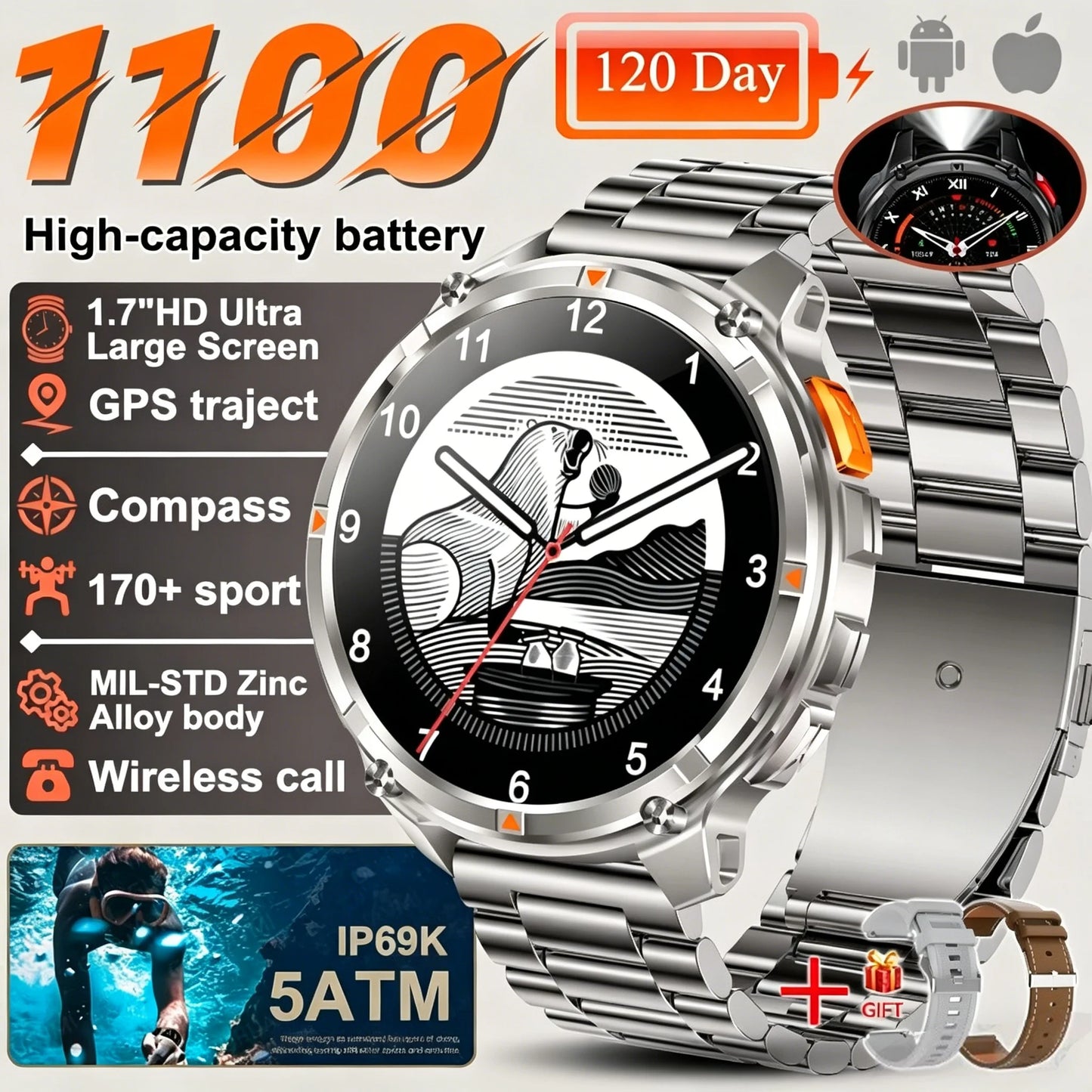 New T-REX3 Ultra 1100mAh Battery SmartWatch 10ATM Waterproof GPS Compass Flashlight 1.7" AMOLED HD Call Sports Smart Watch Men