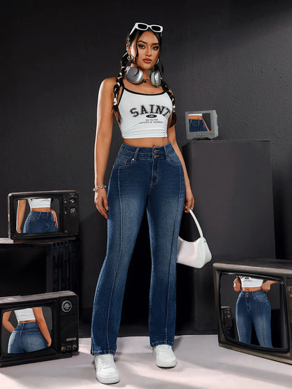 Women's High-Waisted Stretch Denim Trousers Double Button Detail Comfortable Fit Straight Leg Jeans