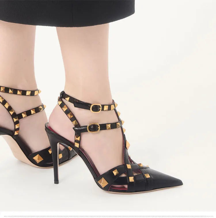 2026 Spring/Summer New High Heel Riveted Sandals Pointed Fine Heel Sandals Riveted Single Shoes