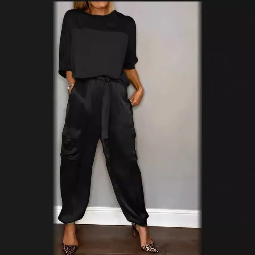 Elegant Satin Two Piece Set Women Outfits Spring Summer Casual Solid O Neck Shirt Long Pants Tracksuit Fashion Female Loose Suit