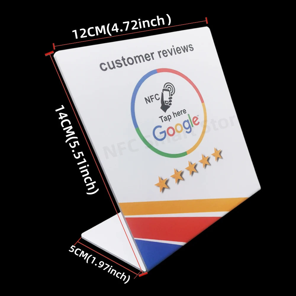 NFC Station table Tag 13.56Mhz programmable Compatible Google Review Card NFC Reviews display bending Card Acrylic Table Sticker