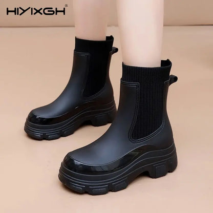 Women’s All-Season Black Durable Work Rain Boots, Waterproof Anti-Slip Platform Sole, Korean-Style Outdoor Fashion Boots