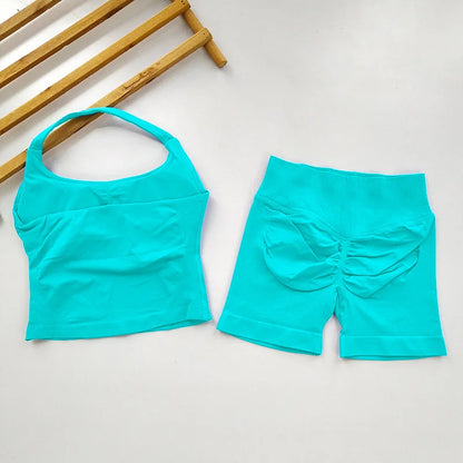 VEQKING Seamless 2pcs Women Yoga Sets Open Back Longline Sports Halter Bras Running Tank Tops Scrunch Butt Gym Workourt Shorts