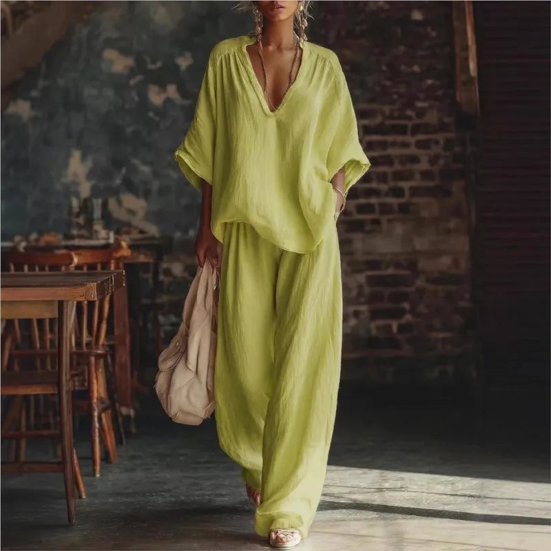 Women's Fashion Simple Casual White Two Piece Sets Spring Summer V Neck Short Sleeve Loose Top & Wide Leg Pants Vacation Set