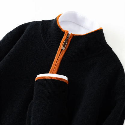 Men's 100% cashmere sweater casual knit pullover shirt loose Mock collar Tops zipper Blouse autumn/winter color blocked Jumper