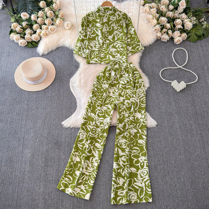 Beach Style Fashion Printed Women Pant Sets 2pcs Short Chiffon Shirts+Wide Leg Pants 2025 New Summer Casual Loose Female Suits