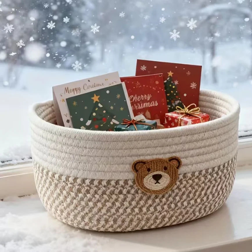 Cute Bear Fabric Storage Basket Woven Organizer Bin for Toys Clothes Home Bedroom Living Room Decorative Storage
