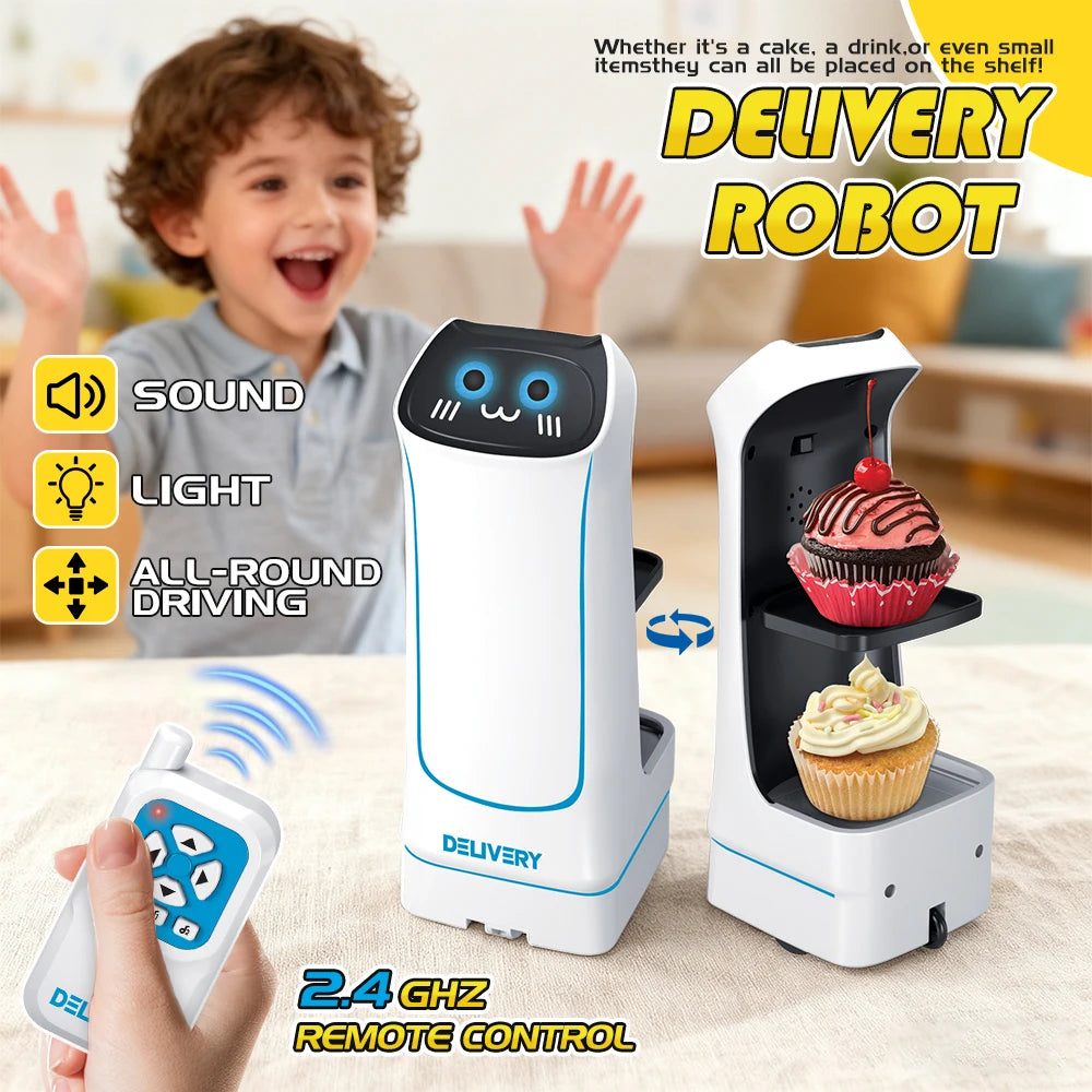 2.4G RC Food Delivery Robot Toy with Light & Sound, Pretend Play Kitchen Set for Kids, Interactive Gift for Christmas New Year