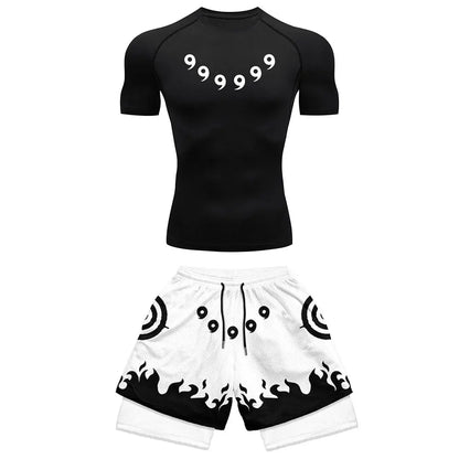Anime Compression Set Running Sport Fitness Suit for Men Quick Dry Compression Shirt+Gym Shorts 2PCS Workout Summer Sportwear
