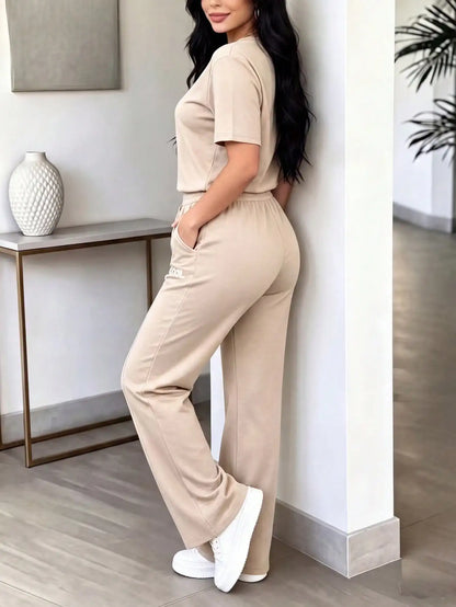 mer Women's New Style Set: Personalized Letter Print Round Neck Short Sleeve T-shirt with High-Waisted Drawstring Straight Pants Two-Piece Set