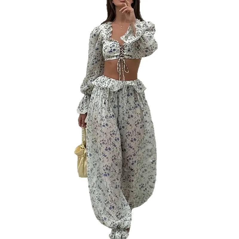 Fashion Long-sleeved Sexy Waist-baring Trousers 2-piece Set Women's Summer New Casual Simple Printed Shirt Trousers Suit Female