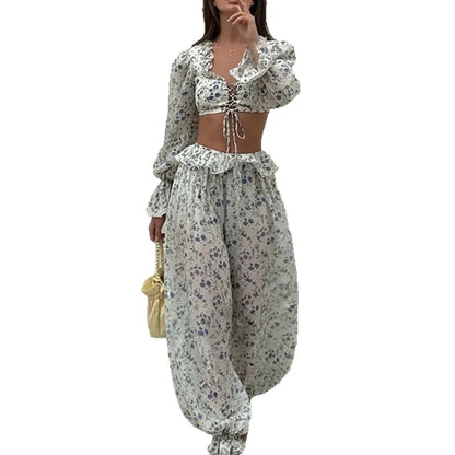 Fashion Long-sleeved Sexy Waist-baring Trousers 2-piece Set Women's Summer New Casual Simple Printed Shirt Trousers Suit Female