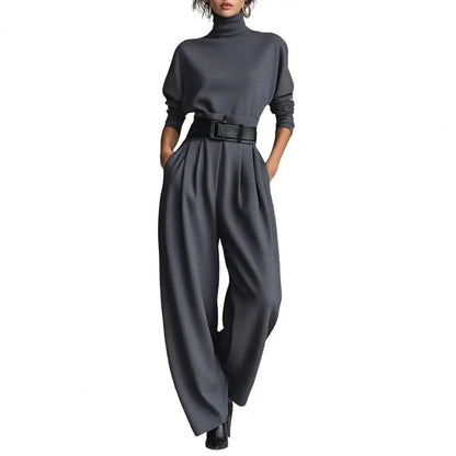 2026 2 Piece Set Women's High-Neck Turtleneck Long Sleeve High-Waist Belted Pants Suit Set Women Casual Matching Set Streetwear