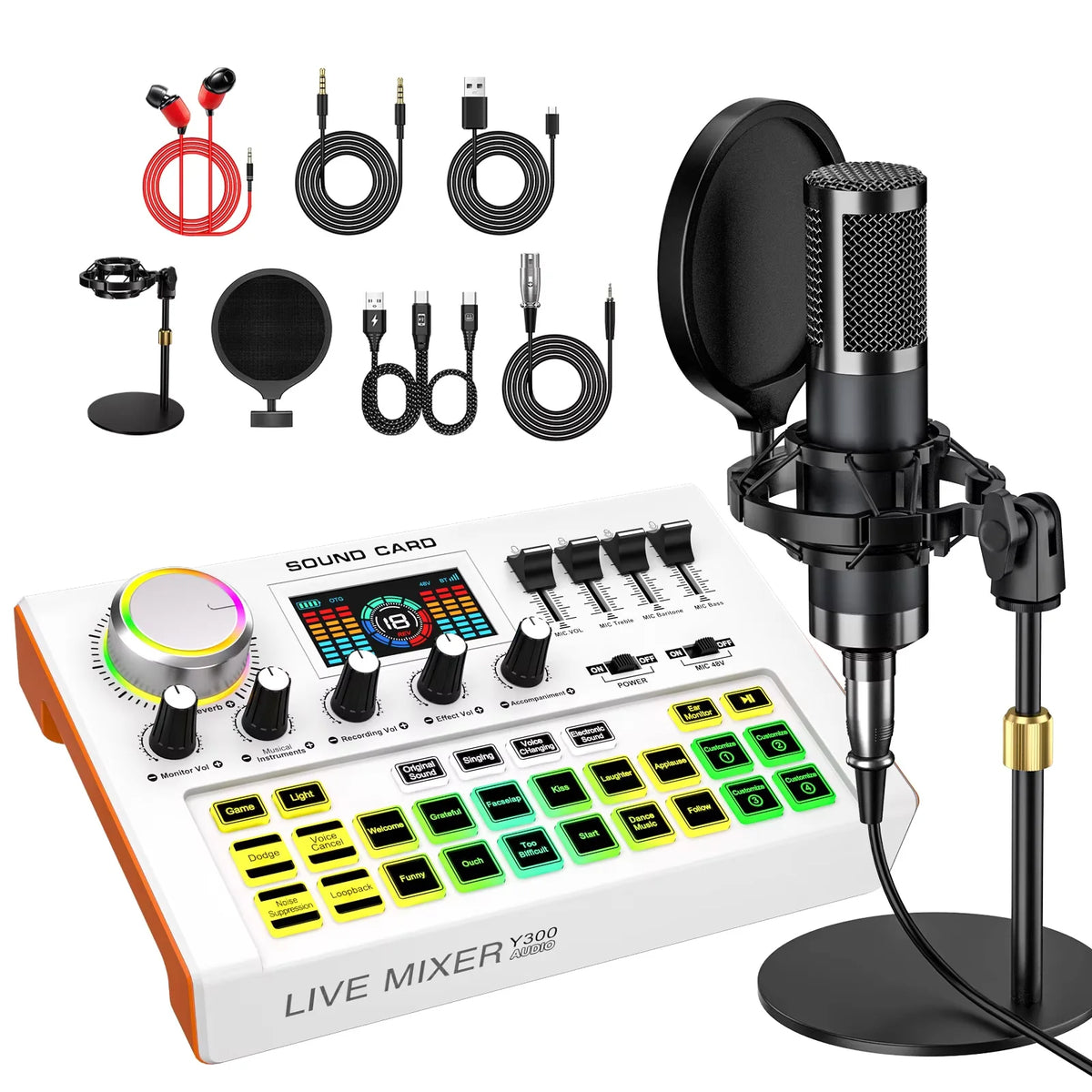 Tenlamp Y300-P15B Podcast Microphone Bundle with Live Sound Card Audio Mixer, 3.5mm Condenser Mic for PC Smartphone Gaming Streaming Singing YouTube Vlog Studio Recording