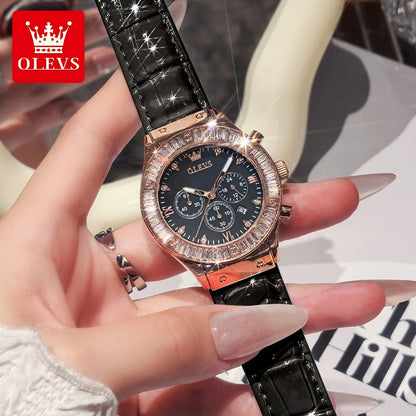 OLEVS 9978 Women Watch Original Quartz Watch Waterproof Leather Strap Multifunctional Chronograph Watch Bracelet Set Gifts Box