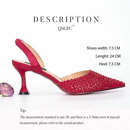 New Wine Red High Heels Shoes And Bag Dotted Crystal Wedding Party Spring, Summer, and Autumn Fashion Women's Noble Sandals