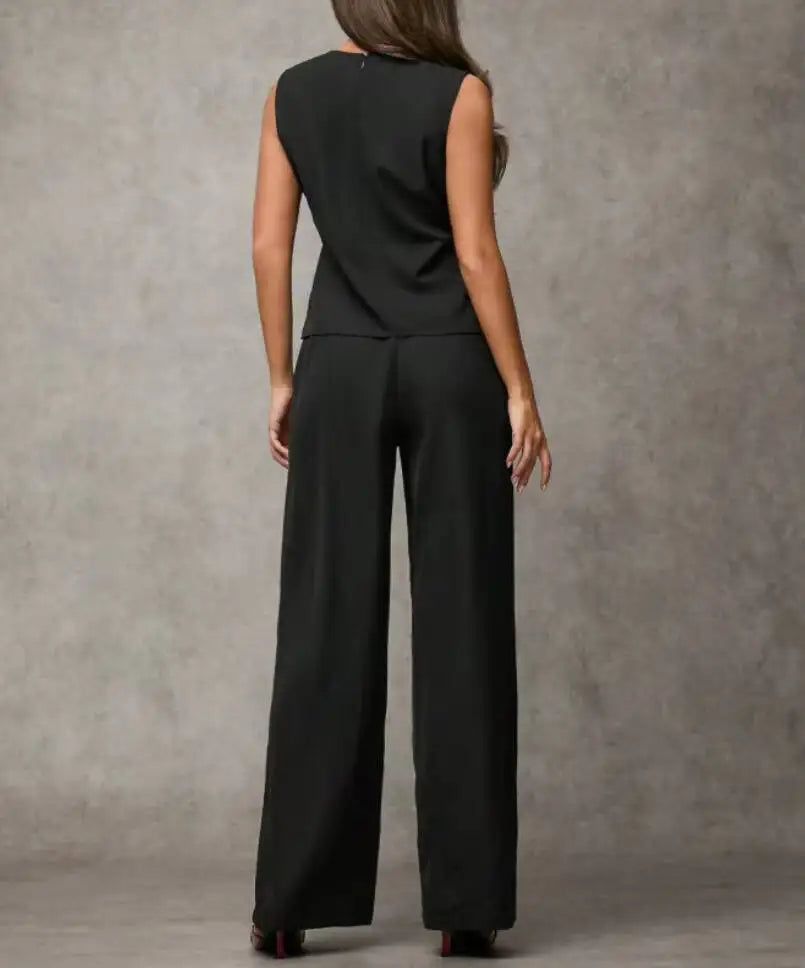 Women's Black Two Piece Set Sleeveless Round Neck Tie Asymmetric Hem Top Wide Leg Pants Set Spring Summer Office Elegant Outfit