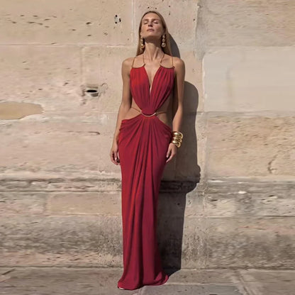 Sexy Backless Party Women's Dress Sleeveless V-neck Slim Maxi Female Vestidos 2026 Fashion Pleated Hollow Out Evening Lady Robe