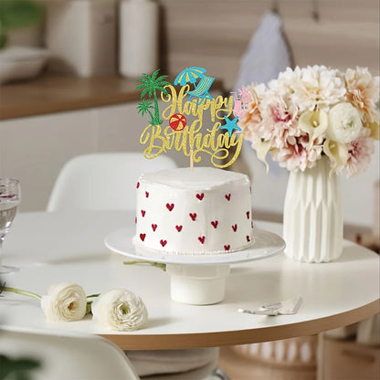 1Pc Hawaiian Beach Cake Topper Palm Tree Hibiscus Surfboard Happy Birthday Letter for Summer Pool Birthday Party Decor