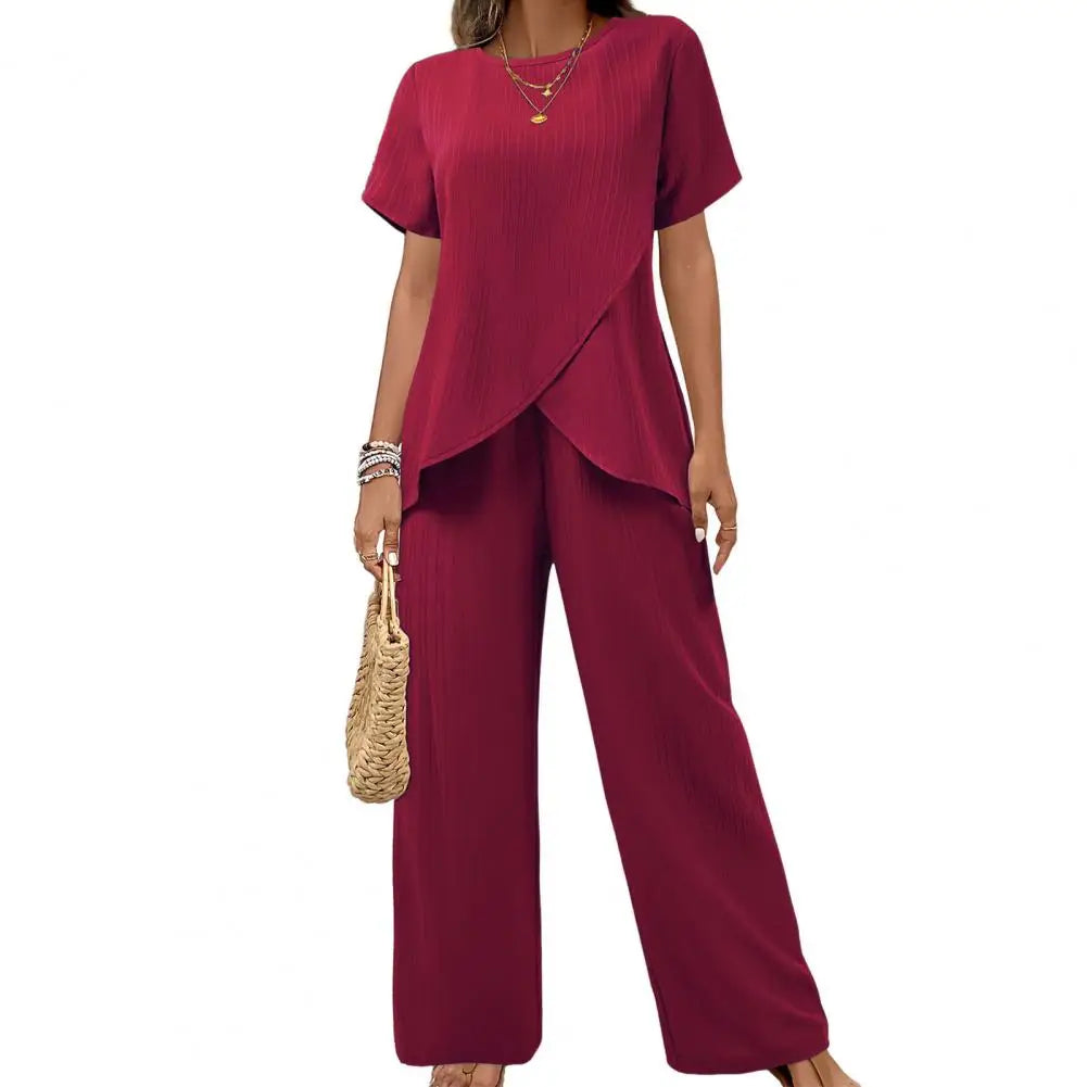 2026 Casual Solid Suit Women Summer Fashion Round Neck Short Sleeve Irregular Split Top Elastic Waist Trousers Two Piece Set