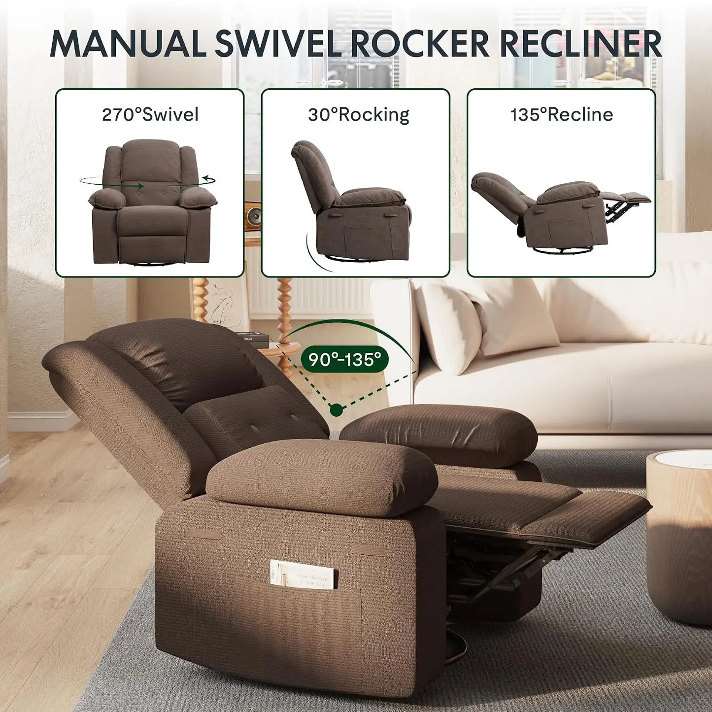 Massage Heat Rocker Recliner Chair, 360° Swivel Glider, Manual w/USB & Side Pocket, Compact Living Room Apartment, Brown, Custom