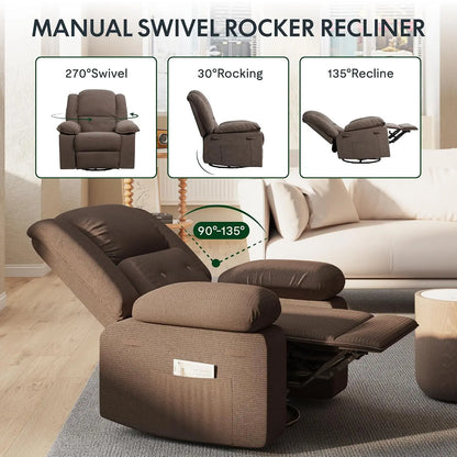 Massage Heat Rocker Recliner Chair, 360° Swivel Glider, Manual w/USB & Side Pocket, Compact Living Room Apartment, Brown, Custom