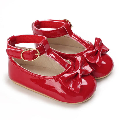 Solid Color PU Leather Bowknot Princess Shoes, Baby Learning Walk Shoes Prewalkers for Newborn  Girls 0-18M