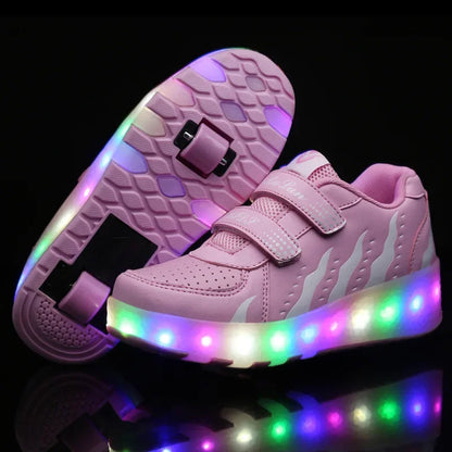 Children LED Flashing Luminous Double Wheels Roller Skating Shoes Boys Girls Glowing Roller Skates Sneakers Male Female Adult