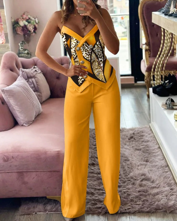 Spring Summer Sleeveless Suit Fashion Print Two Piece Sets Women Sexy V-neck Button Metal Sling Top & Wide Leg Pants Outfits