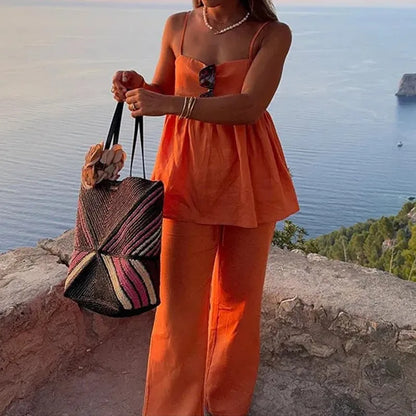 Women's Fashion Orange Linen Cotton Two Piece Sets Summer Sleeveless Sling Top & Straight Pant Casual Beach Holiday Outfits