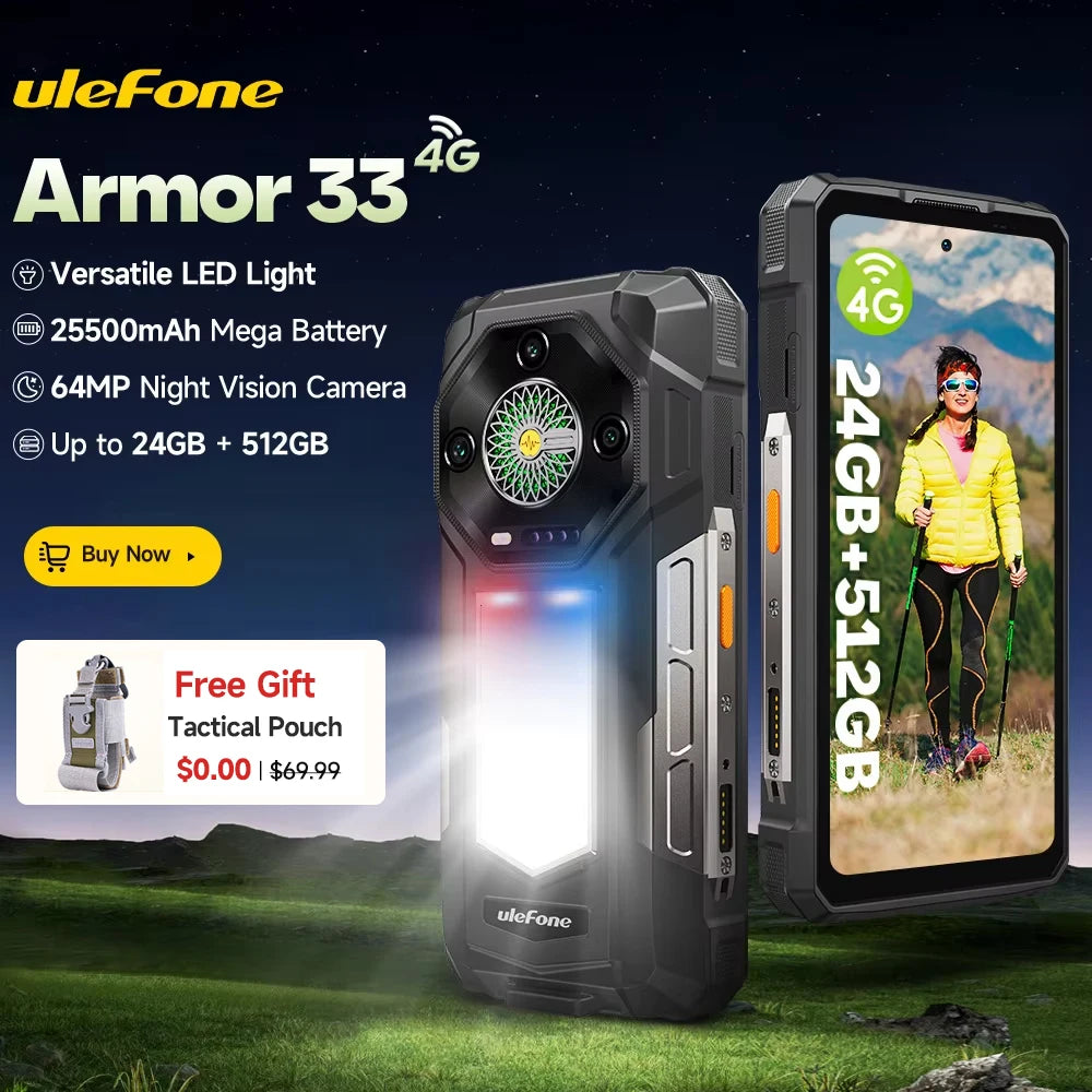 Ulefone Armor 33 4G Rugged Phone 25500 mAh 512GB ROM Up to 24GB RAM 120Hz 6.95" NFC Android 15 66W Smartphone Global Version