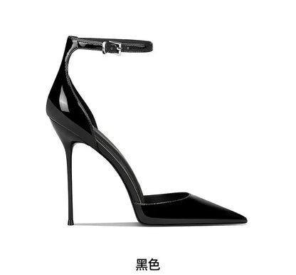 Wine Red Patent Leather High-Heeled Shoes for Women, New Style with Thin Heels and Pointed Toe, Straight Buckle Toe Shoes 33-46