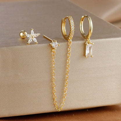 3PCS Set Stainless Steel Crystal CZ Butterfly Ear Stud Earring Gold Plated Pendant Water Drop Cartilage Earring Piercing Jewelry
