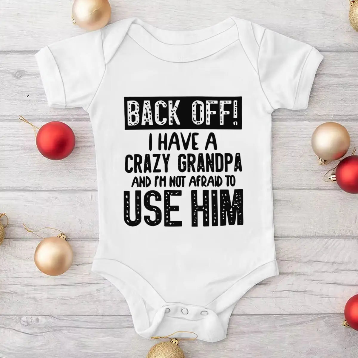 Cute Cotton Baby Bodysuit with "Back Off! I Have A Crazy Grandpa" Print Short Sleeve Baby Girl Boy Jumpsuit Kids Cotton Clothes