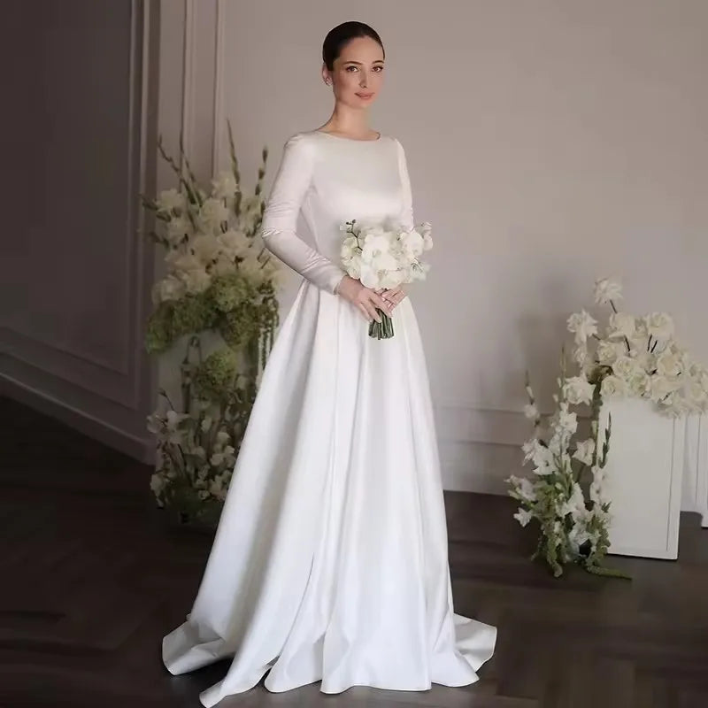 White A-Line Long Wedding Dresses Simple O-Neck Long Sleeve Bride Dress 2025 Boho Beach Wedding Prom Gowns Customized