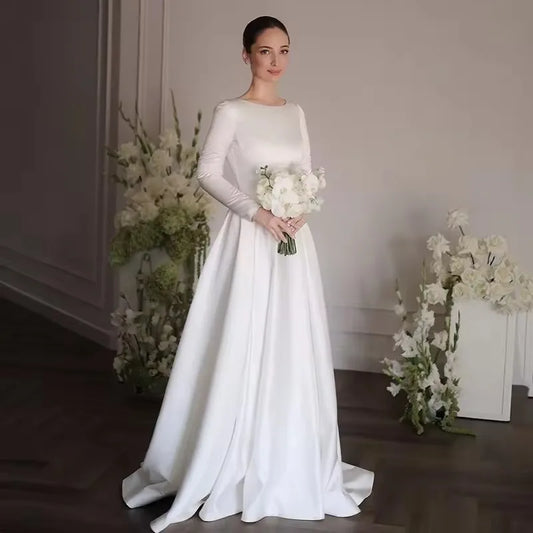 White A-Line Long Wedding Dresses Simple O-Neck Long Sleeve Bride Dress 2025 Boho Beach Wedding Prom Gowns Customized