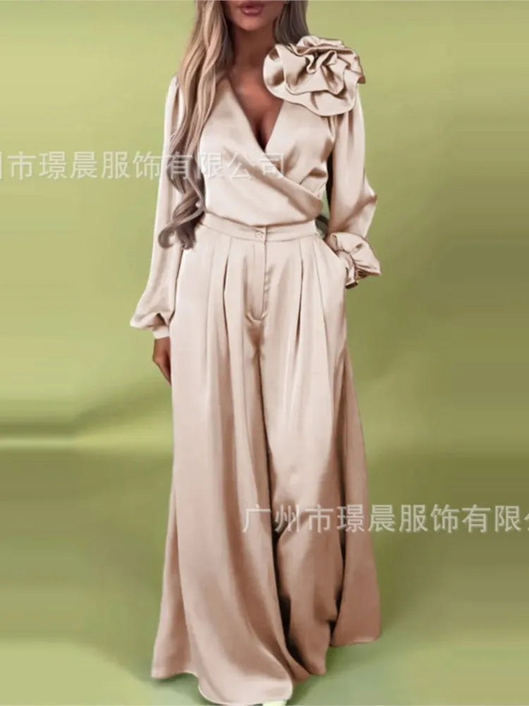 Fashion Solid Color Satin Long Sleeve Shirt Women 2 Piece Spring Autumn New Casual Loose Wide Leg Pants Pocket Female Office Set